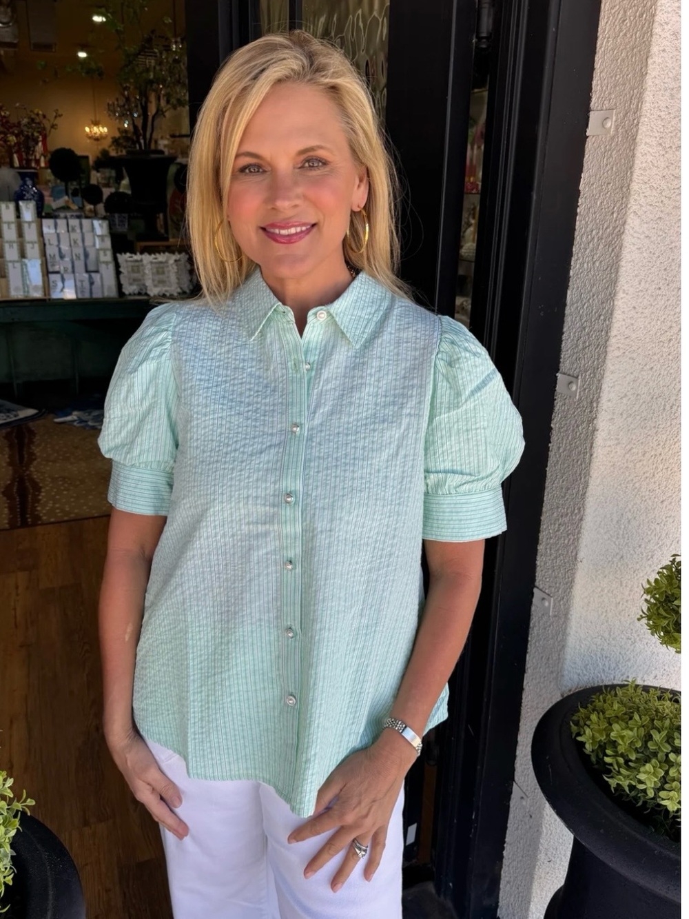 JODIFL Mint Green Puff-Sleeve Button-Down Shirt, New, size M